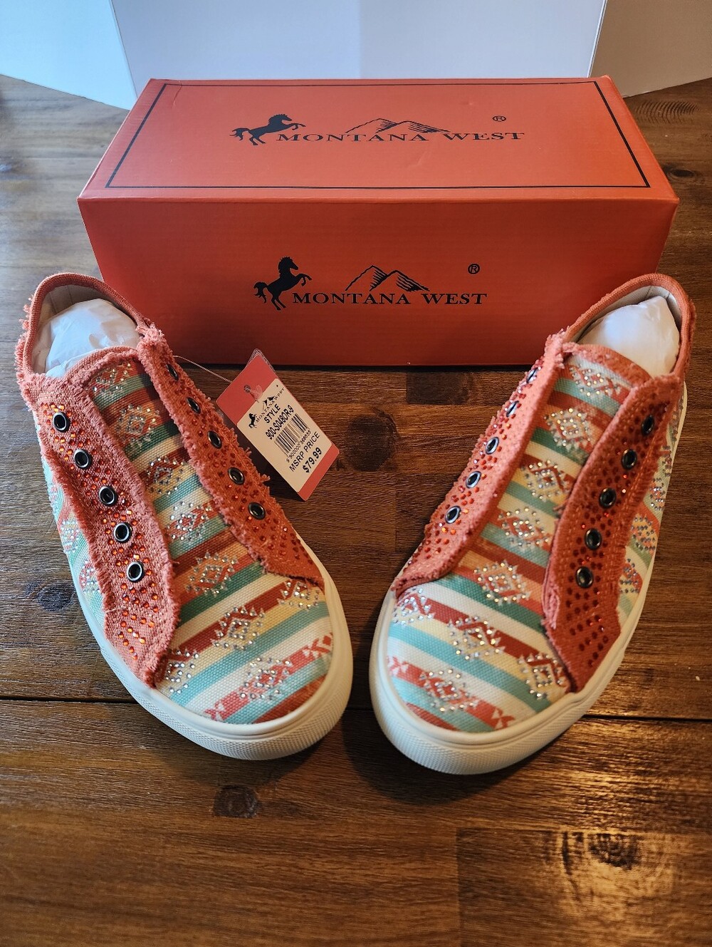 Montana West Orange Aztec Rhinestone Slip-On Sneakers Size 9